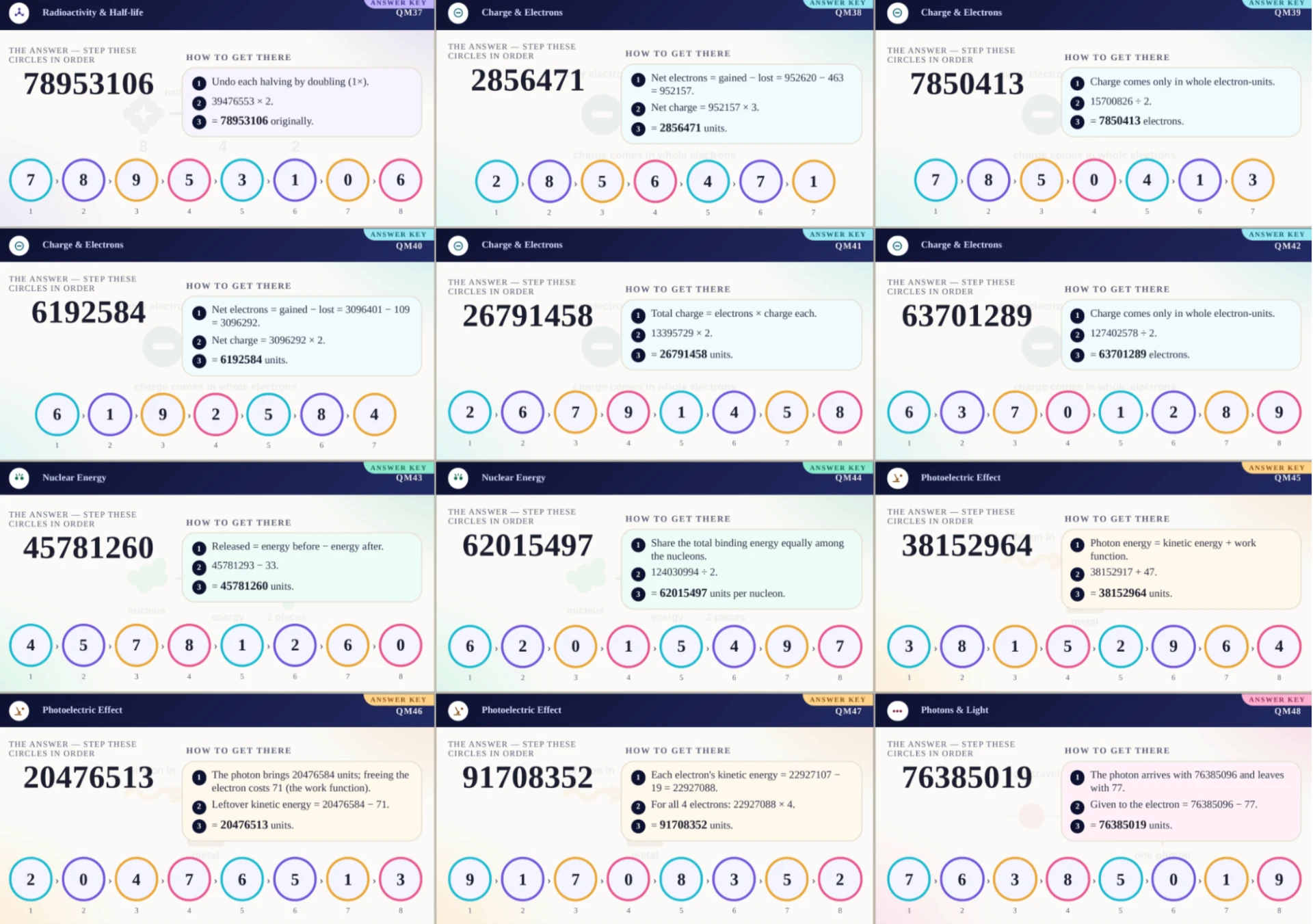 Twisters answer cards showing worked physics solutions and numbered circle sequences